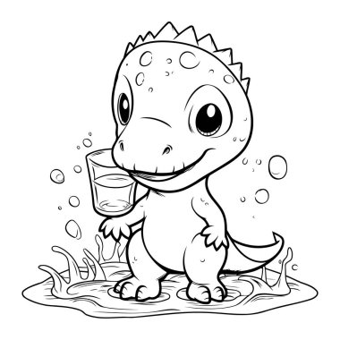 Bir bardak suyla sevimli bir dinozor. Çocuklar için boyama kitabı
