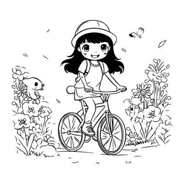 Bahçedeki karakter çiziminde bisiklet süren sevimli küçük bir kız.