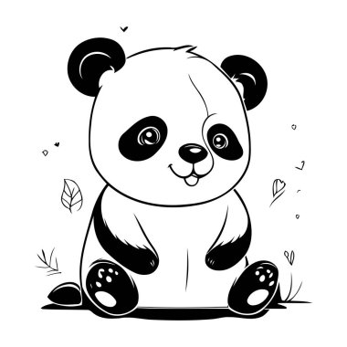 Çimlerin üzerinde oturan sevimli çizgi film pandası. Vektör illüstrasyonu.