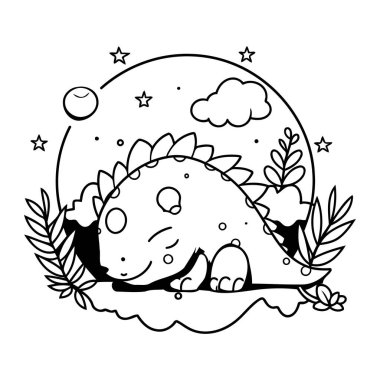 Ay ışığı vektör illüstrasyon grafik tasarımında uyuyan sevimli küçük dinozor.