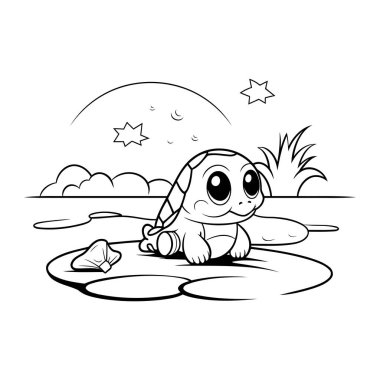 Kayanın üzerindeki sevimli çizgi film kaplumbağası. Vektör çizimi. Çocuklar için boyama kitabı.