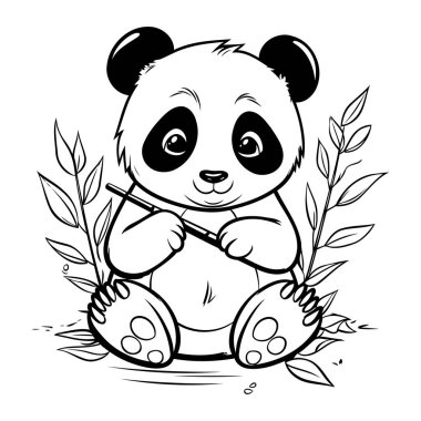 Tatlı çizgi film pandası. Siyah ve beyaz vektör çizimi.
