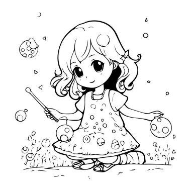 Sihirli değneği oynayan sevimli küçük kız. El çizimi vektör illüstrasyonu.