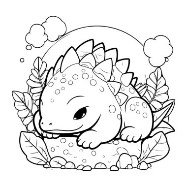 Şirin Dinozor Vektör İllüstrasyonunun Renkli Sayfa Özeti.