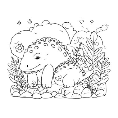 Bahçedeki sevimli tyrannosaurus rex ve bitki vektör çizimi tasarımı