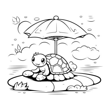 Siyah ve Beyaz Kaplumbağa Hayvan Karakterinin Renk Kitabı Şemsiyeli Çizgi Filmi