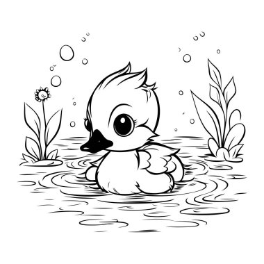 Ördek yavrusu suda yüzüyor. Siyah ve beyaz vektör çizimi.