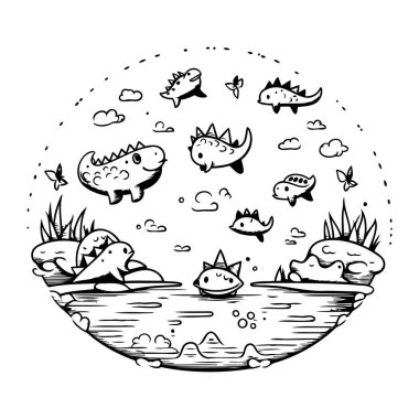 Denizde sevimli karalama dinozorları. Vektör illüstrasyonu.