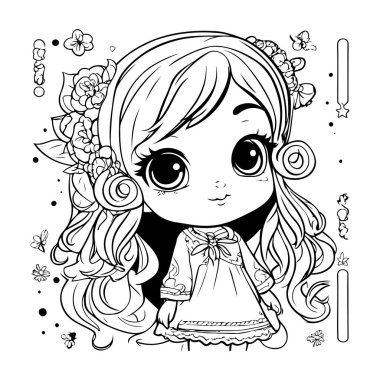 Zili olan sevimli küçük bir kız. Siyah ve beyaz vektör çizimi.