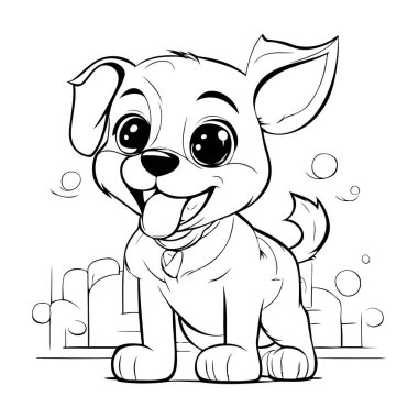 Tatlı çizgi film köpeği. Boyama kitabı için siyah ve beyaz vektör çizimi.