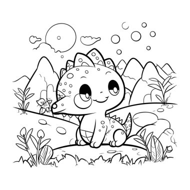 Şirin Dinozor Vektör İllüstrasyonunun Renkli Sayfa Özeti.