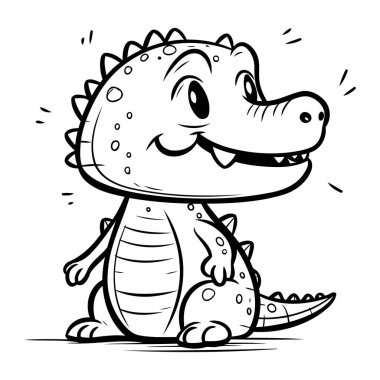 Tatlı Çizgi Roman Timsah Siyah ve Beyaz Çizgi Film İllüstrasyonu. Vektör