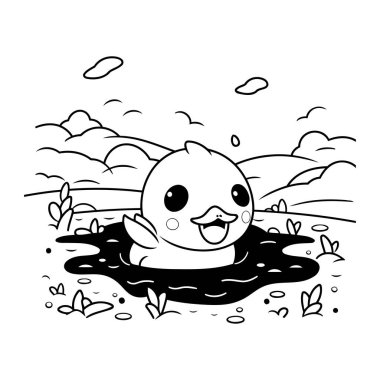 Ördek su birikintisinde yüzüyor. Siyah ve beyaz vektör çizimi.