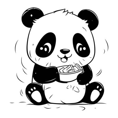 Bir tabak yemeği olan şirin bir panda. Vektör illüstrasyonu.