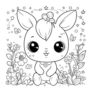 Çiçekleri ve yaprakları olan sevimli küçük tavşan vektör çizimi tasarımı