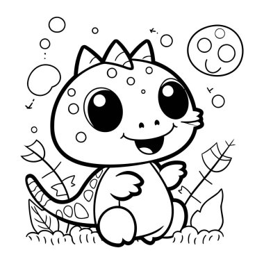 Çimlerin üzerinde oturan sevimli küçük dinozor. Boyama kitabı için Vektör illüstrasyonu.