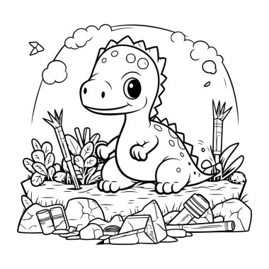 Şirin Dinozor Vektör İllüstrasyonunun Renkli Sayfa Özeti.