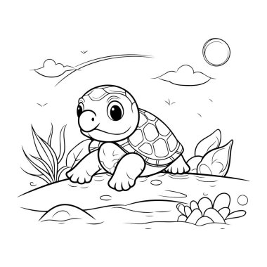 Kayanın üzerindeki şirin çizgi film kaplumbağası. Çocuklar için boyama kitabı.