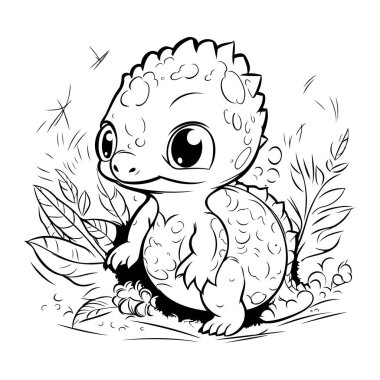 Çimlerin üzerinde oturan sevimli bir karikatür dinozor. Siyah ve beyaz vektör çizimi.