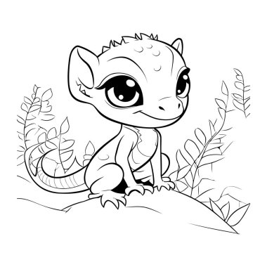 Çimlerin üzerinde oturan sevimli küçük iguana. Vektör illüstrasyonu.