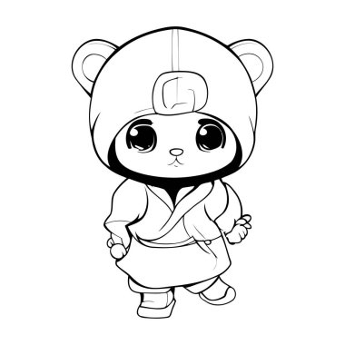Sevimli küçük ayı kawaii çizgi film vektör çizimi grafik tasarımı siyah ve beyaz
