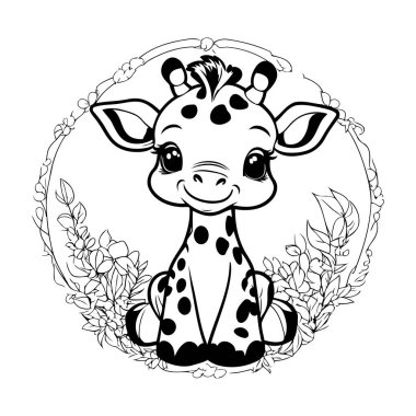 Çiçeksel çerçeve karikatür vektör illüstrasyon grafik tasarımı siyah ve beyaz sevimli zürafa