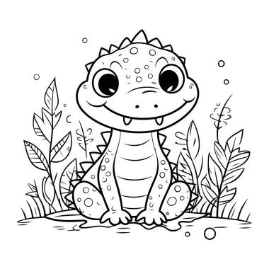 Çocuklar için boyama kitabı. Şirin dinozor çimenlerde oturuyor..