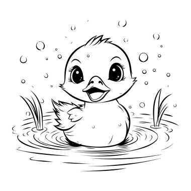 Sudaki küçük şirin ördek yavrusunun siyah-beyaz çizimi.