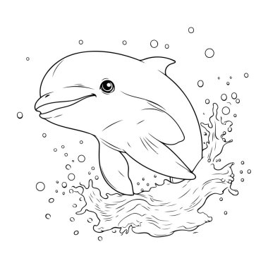 Yunus sudan atlıyor. siyah ve beyaz vektör çizimi.