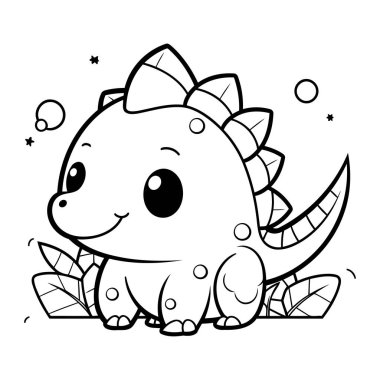 Şirin bir karikatür dinozor. Boyama kitabı için siyah ve beyaz vektör çizimi.