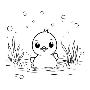 Gölde yüzen sevimli çizgi film pilici. Siyah ve beyaz vektör çizimi.