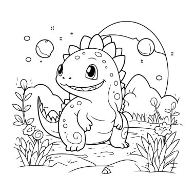 Şirin Dinozor Vektör İllüstrasyonunun Renkli Sayfa Özeti.