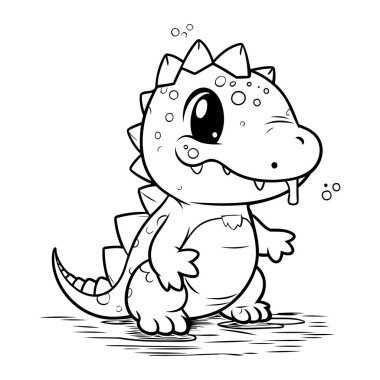 Renklendirme Kitabı için Siyah ve Beyaz Dinozor Hayvan Karakteri Çizimi