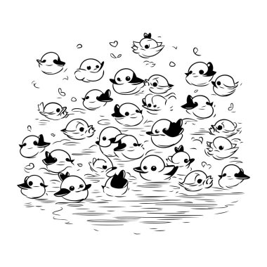 Suda yüzen bir grup ördeğin vektör çizimi.