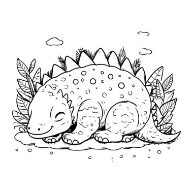 Çimenlerde uyuyan küçük sevimli dinozor. boyama kitabı vektör çizimi tasarımı