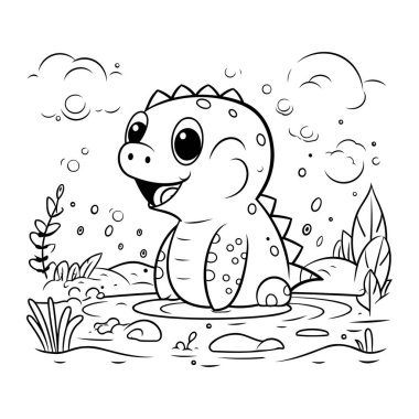 Şirin Dinozor Vektör İllüstrasyonunun Renkli Sayfa Özeti.