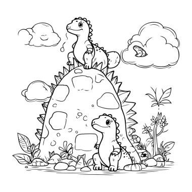 Bulutlu ve bitkisel vektör çizimleriyle yeryüzündeki sevimli dinozorlar