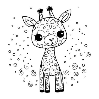 Şirin bir zürafa çizgi filmi. Boyama kitabı için siyah ve beyaz vektör çizimi.