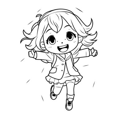 Şirin küçük kız koşuyor. Tasarımın için çizim. Vektör illüstrasyonu