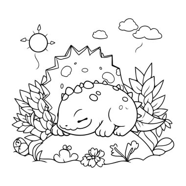 Çimlerin üzerinde uyuyan sevimli dinozor. Çocuklar için vektör boyama kitabı.