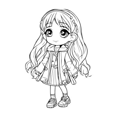 Palto giymiş şirin küçük bir kız. Boyama kitabı için Vektör illüstrasyonu.