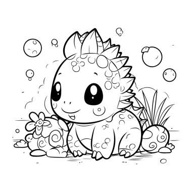 Şirin Dinozor Vektör İllüstrasyonunun Renkli Sayfa Özeti.