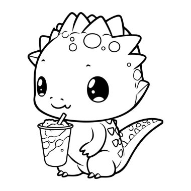 Çocuklar için boyama kitabı. Bir bardak meyve suyu ile sevimli bir dinozor.
