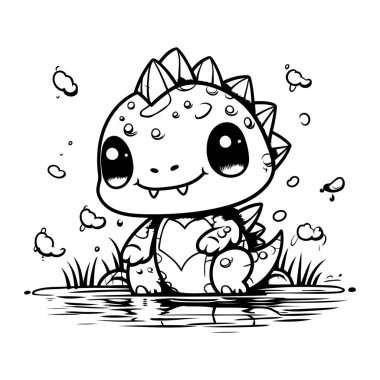 Çimlerin üzerinde oturan sevimli çizgi film dinozoru. Boyama kitabı için Vektör illüstrasyonu.