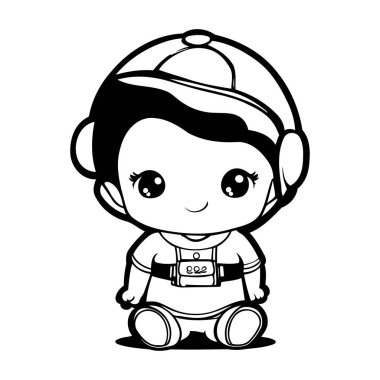Tatlı astronot çocuk. Vektör çizimi. Siyah ve beyaz özet.