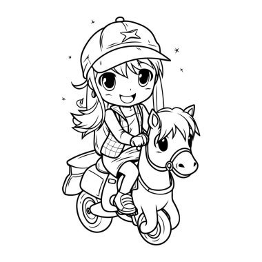 Motosiklet süren sevimli küçük bir kız. Boyama kitabı için Vektör illüstrasyonu.