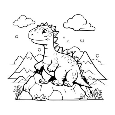 Kayanın üzerinde sevimli bir karikatür dinozor. Boyama kitabı için Vektör illüstrasyonu.