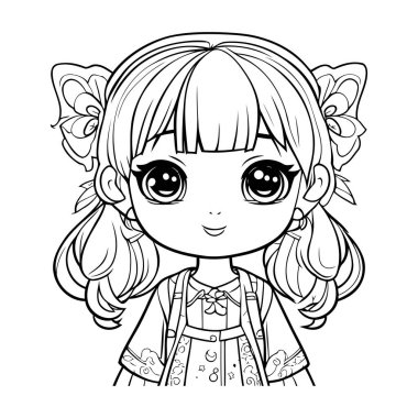 Sevimli küçük kız boyama sayfası. Taslak biçiminde vektör illüstrasyonu.