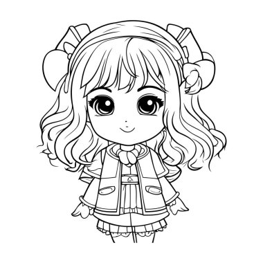 Sevimli küçük kız. Boyama kitabı veya sayfa için vektör illüstrasyonu.