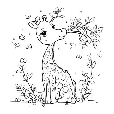 Yaprakları olan şirin bir zürafa. Boyama kitabı için Vektör illüstrasyonu.